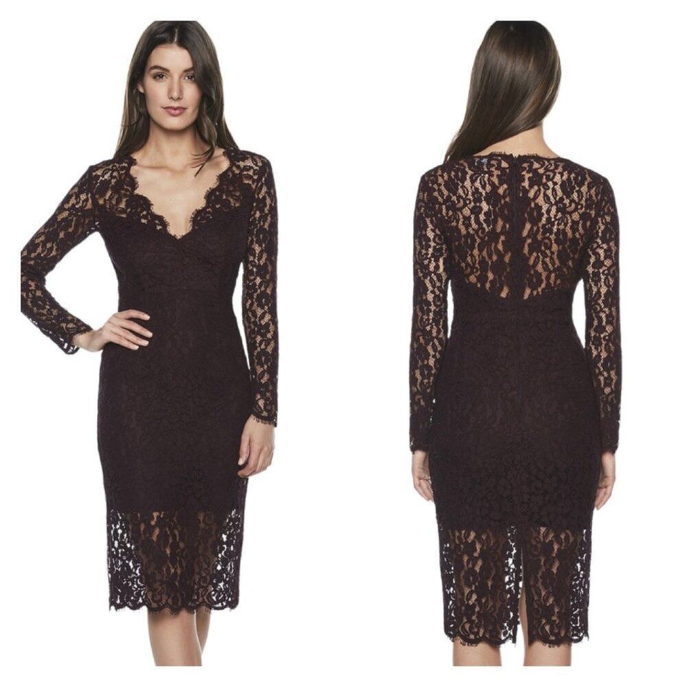 Bardot Floral Lace Long Sleeve Midi Dress Plunge Neckline in Wine size Small NWT